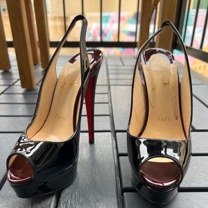 Christian Louboutin Black Patent Leather Lady Peep Toe Platform Pumps
